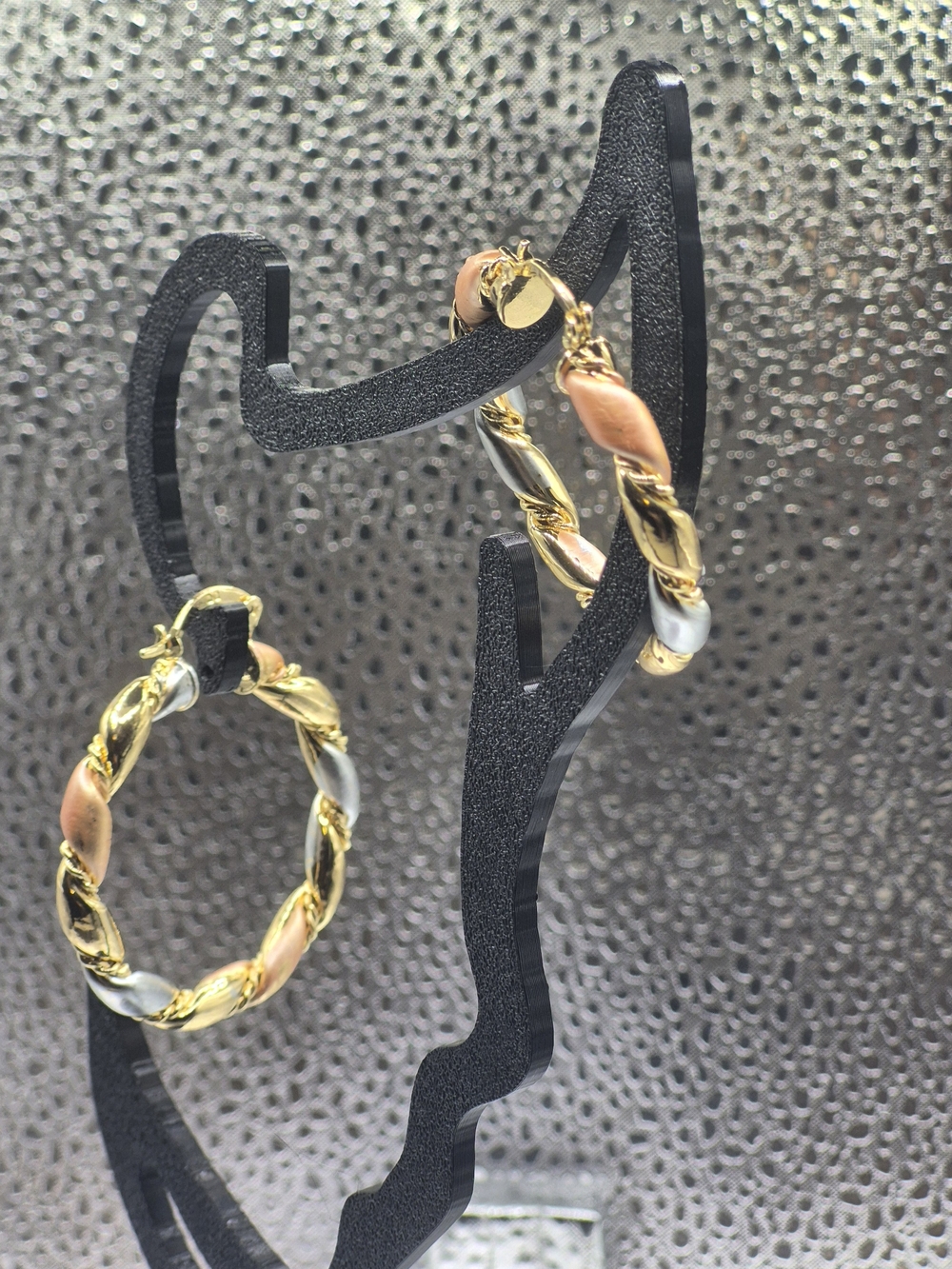 Tri-Color Twisted Hoop Earrings in Gold, Rose, and Silver